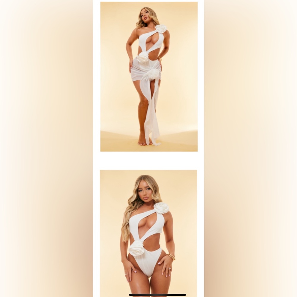 Pretty Little Things White Chiffon Flower Detail Cut Out Asymmetric Swimsuit